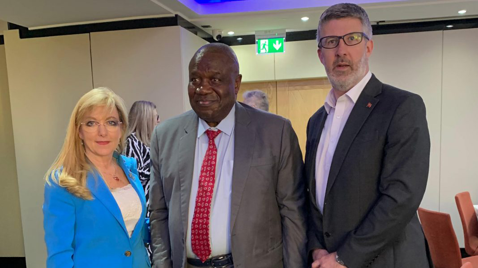 Sharon Constançon, His Excellency Kingsley Mamabolo and Paul Blake, IOM Finance